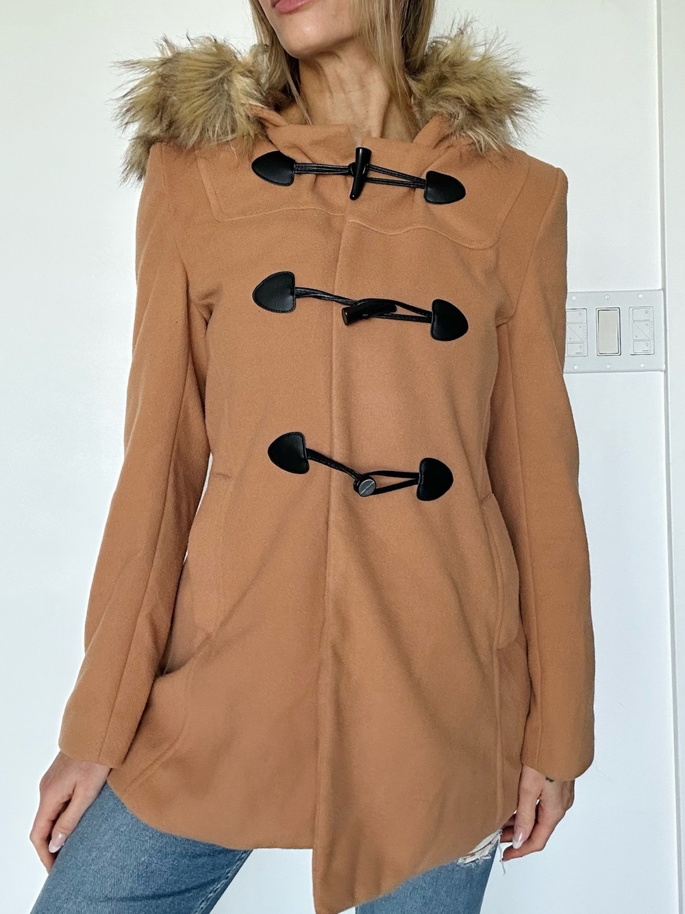 Camel Toggle Coat with Faux Fur Hood